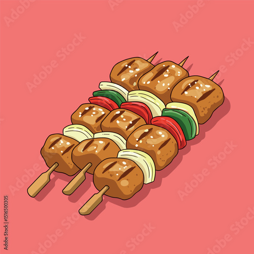 Delicious Japanese food and flat cartoon style of yakitori