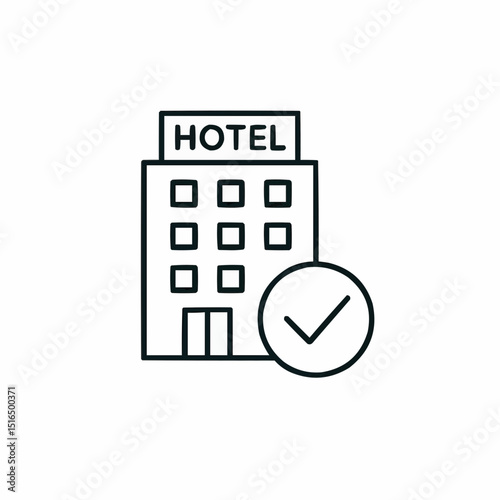 Minimal hotel building with check-in symbol — tourist accommodation.