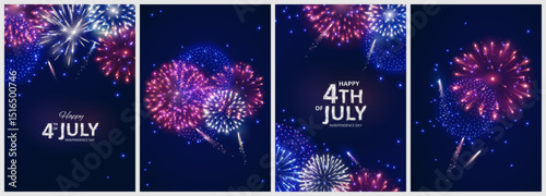 4th of July Independence Day posters. Shining red, blue and green fireworks backgrounds. American flag colors. Dark blue night sky. Happy 4th of July text. Great for social media banners, cards.Vector