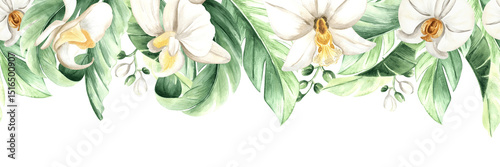 Watercolor tropical leaves and white orchid flowers isolated illustration. Botanical seamless border for rainforest design. Hand drawn monstera, phalaenopsis and lush foliage of exotic jungle plants.