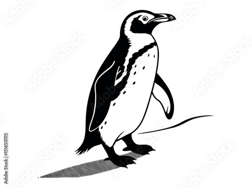 Elegant black and white illustration of a penguin,  Penguin Silhouette on a Glacial Landscape, penguin, silhouette, black and white, bird, wildlife, animal, nature, ice, glacier, outcrop, rocky,  art,