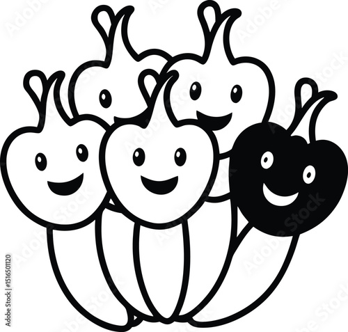 Whimsical Happy Vegetables Group Illustration.