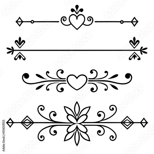 Elegant black and white vector dividers and page borders with decorative heart and floral elements