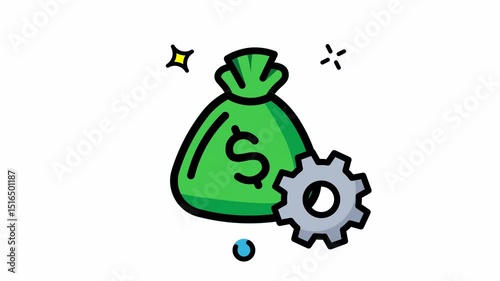 Animated Made in uk a money bag and a gear symbolize financial strength.