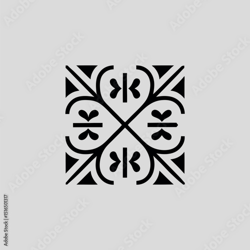 Symmetric black and white ornamental design with floral motifs on a soft grey background
