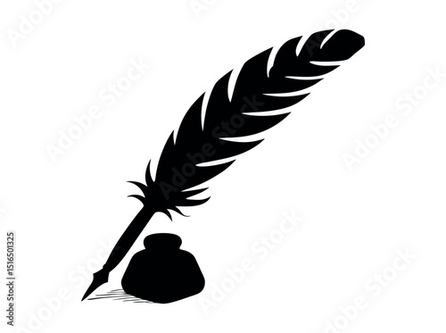 Elegant feather pen logo design, perfect for stationery brands, Black and White Feather Quill Pen Silhouette, quill pen, feather pen, inkwell, writing, literature, vintage, art, silhouette, black and