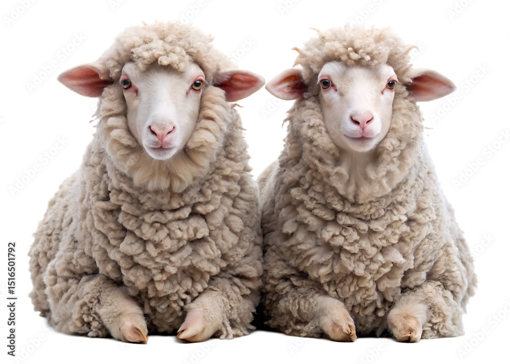 Fototapeta premium two merino wool sheep sitting isolated on white background, PNG