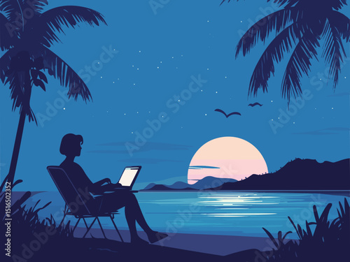 Vector illustration of A Serene Morning Scene of a Woman Working on Her Laptop by the Beachside at Dawn, Surrounded by Gentle Waves, Soft Breeze, and the Tranquil Glow of Sunrise