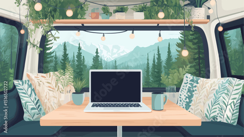 Vector illustration of mesmerizing view from campervan window