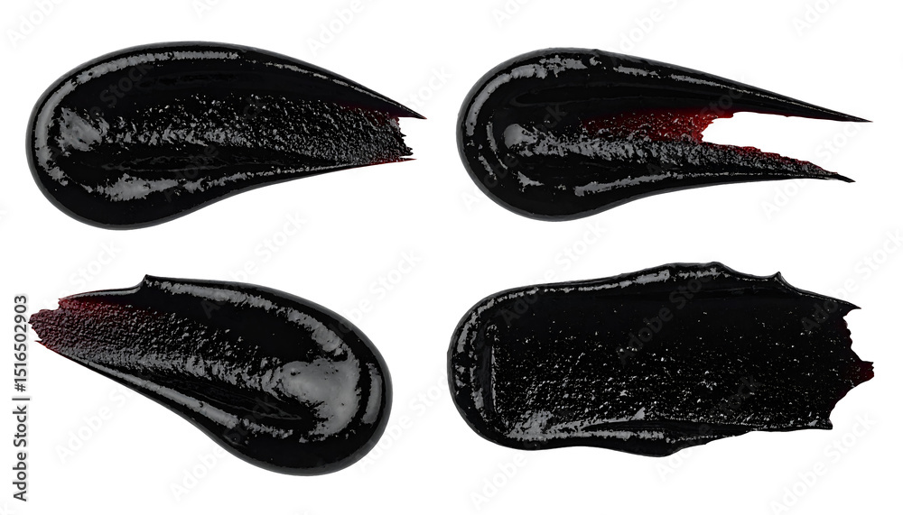 Fototapeta premium collection of four elongated black garlic sauce smears with glossy texture for gourmet food decoration on isolated background 