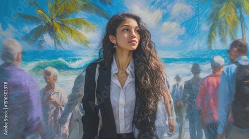 Latina Woman in Business Attire Walks Through Crowded Metro With Tropical Dreams Generative AI