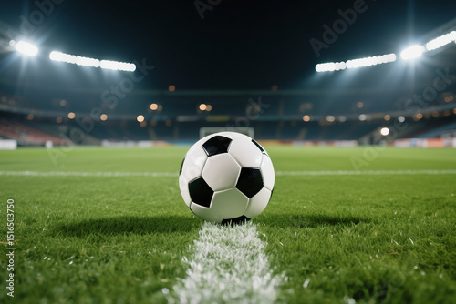 Soccer Ball on Green Field Under Stadium Lights During a Match