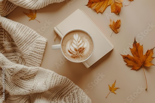 Flat lay of autumn leaves, sweater, book, and pumpkin spice latte on warm beige background, soft shadows, cozy seasonal aesthetic.