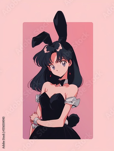 Whimsical anime character with dark hair, bunny ears, and fluffy tail, wearing black dress with bow tie, gazing directly at viewer.