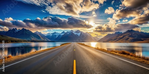 Asphalt road leading to majestic mountains and serene lake under a vibrant sunset sky