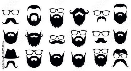 Collection of stylish beard and mustache silhouettes with eyeglasses