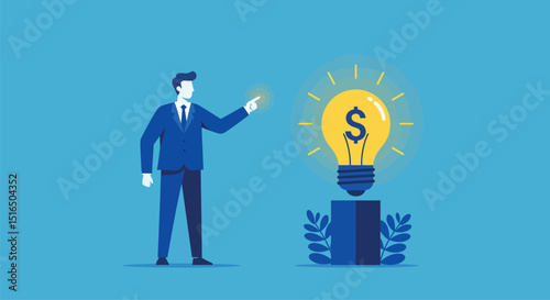 Wallpaper Mural Businessman in suit touching a glowing dollar sign lightbulb on a pedestal Torontodigital.ca