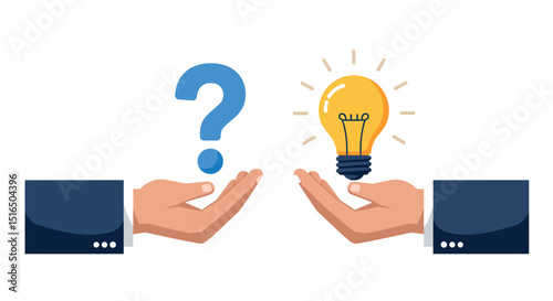 Business concept: hands holding question mark and light bulb symbolizing ideas and solutions