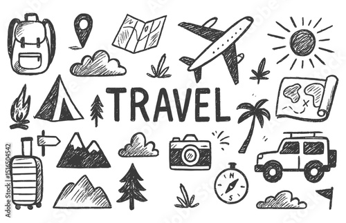 Hand drawn doodle elements of travel theme showcasing adventure with backpacking and exploring new places