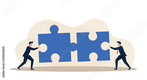 Teamwork concept: businessmen collaborating to connect puzzle pieces
