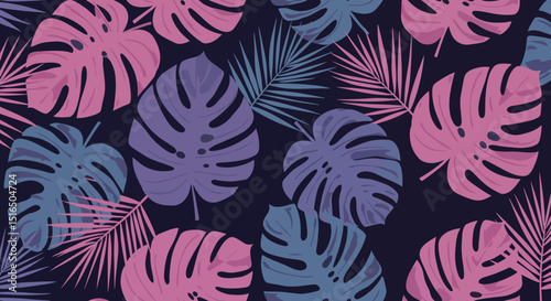 Colorful tropical leaf pattern with monstera and palm leaves in pink and blue hues
