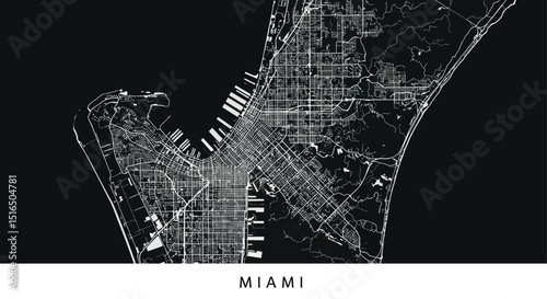 Black and white map of miami urban layout and streets