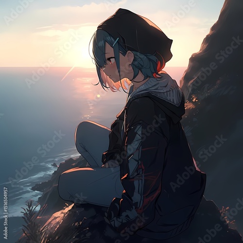 A young woman with striking blue hair and red eyes sits on a rocky cliff, gazing out at the ocean as the sun rises over the warm-colored sky.