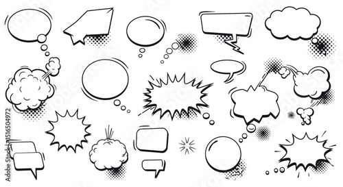 Variety of comic book speech and thought bubbles in black and white