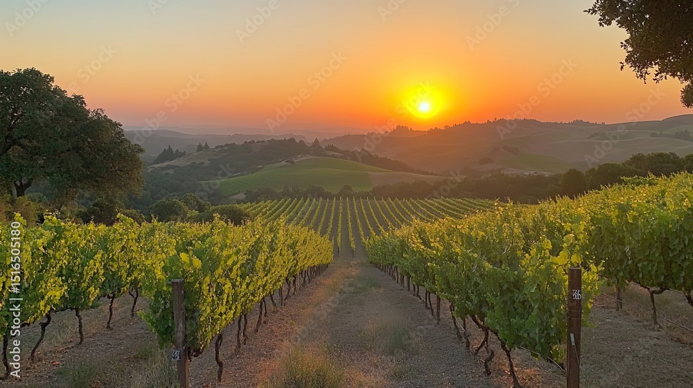Naklejka premium Capturing the golden hour over sun kissed vineyard rows a promise of rich harvests and tranquil evenings under the warm