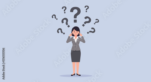 Asian female adult in business attire with confused expression and surrounding question marks
