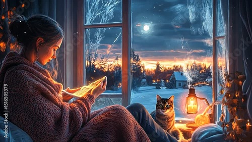 Woman reading by a window, winter scene, cozy ambiance.