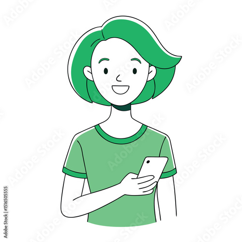 Cartoon Woman with Green Hair Holding Smartphone While Smiling, Looking Directly at Viewer