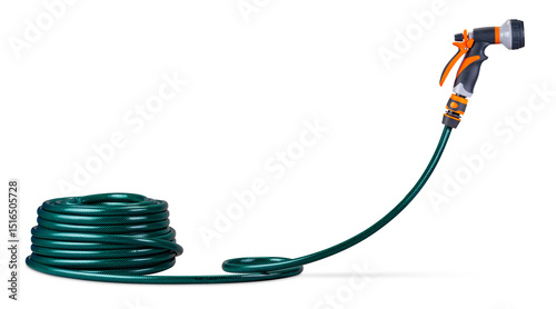 A flexible green garden hose coil elegantly beside a sturdy orange spray shower nozzle isolated owhite background
