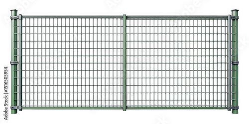 A sturdy, green metal security gate featuring a grid-patterned design, providing a sense of safety and protection in an urban environment.