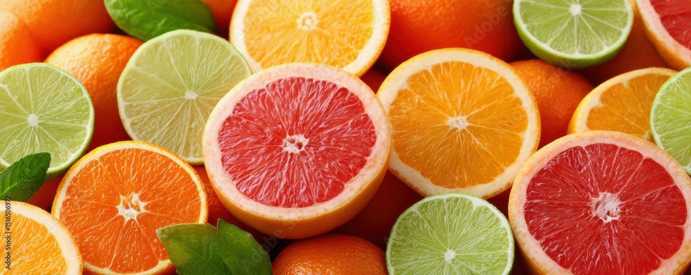 Juicy food, freshness and thoughtful ideas. A vibrant mix of sliced citrus fruits including oranges, grapefruits, and limes, arranged closely together with a few green leaves. Juicy food, freshness and thoughtful ideas. A vibrant mix of sliced citrus fruits including oranges, grapefruits, and limes, arranged closely together with a few green leaves.