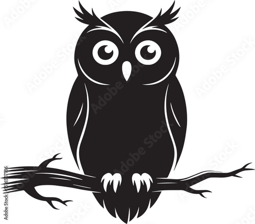 A black owl perched on a branch against a white background art