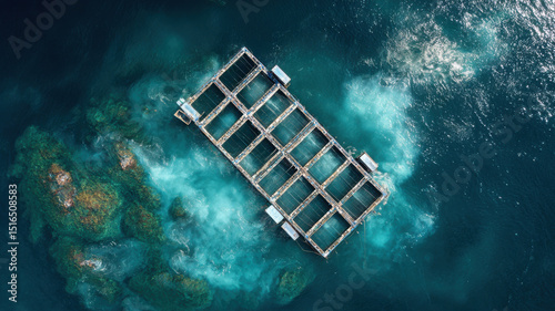 An aerial view of an aquaculture farm, showcasing a structure within the clear, turquoise water.