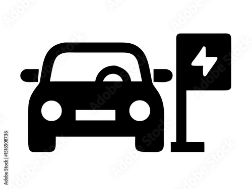 Electric car charging station icon. Electric car at charging station. Front view electric car silhouette