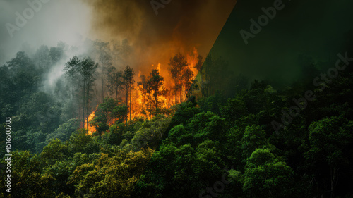 A destructive forest fire raging amidst a dense green forest. 