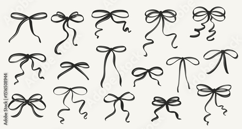 Vintage Coquette Bows in Hand-Drawn Whimsical Style Ribbon Set, Cute Flirtatious Bows Clipart Collection