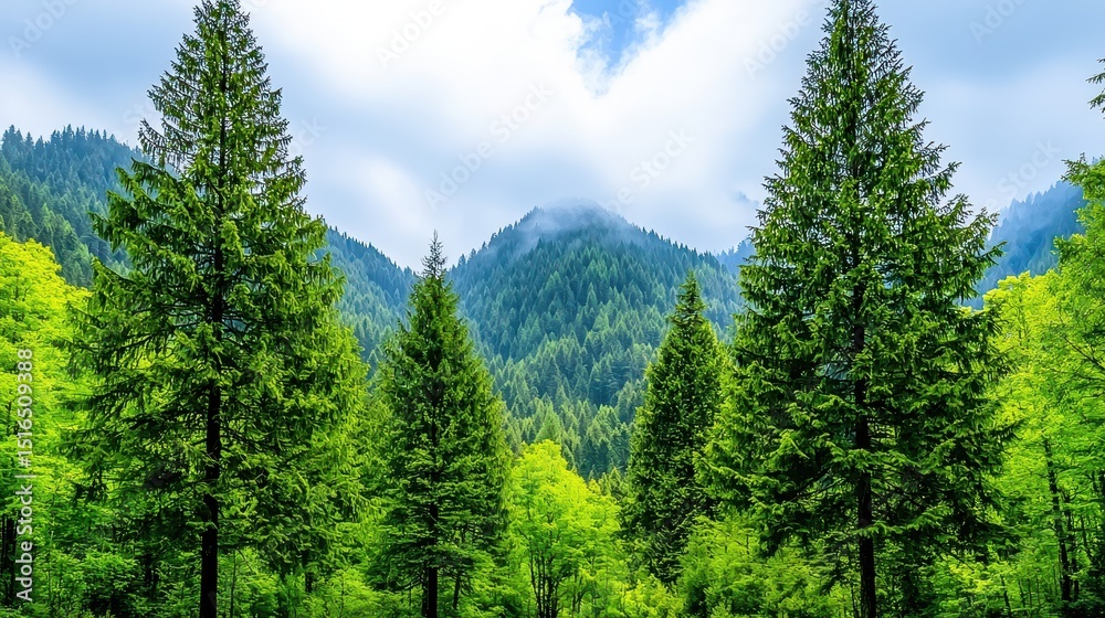 Obraz premium Lush green forest landscape with tall evergreen trees in the foreground and a misty mountain range in the background under a partly cloudy sky. The image evokes a sense of serenity and tranquility.