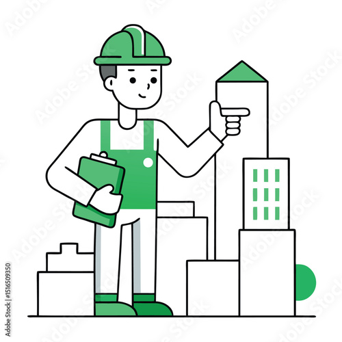Green Architect Inspecting Buildings Design with Clipboard and Hard Hat in Construction Site