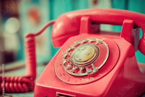 Close-up shot of a vintage red rotary phone with a retro teal background, evoking nostalgia for classic communication and mid-century design aesthetics.
