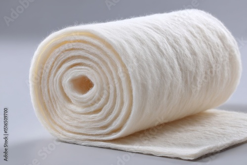 A close-up studio shot of a roll of white cotton batting, fluffy and soft, ideal for quilting, crafts, and various textile applications, presented on a neutral surface.