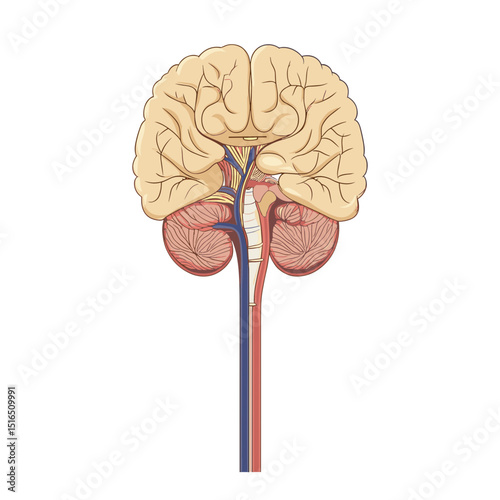Brain Anatomy Detailed Medical Illustration of Central Nervous System with Veins and Nerves in Beige White and Red