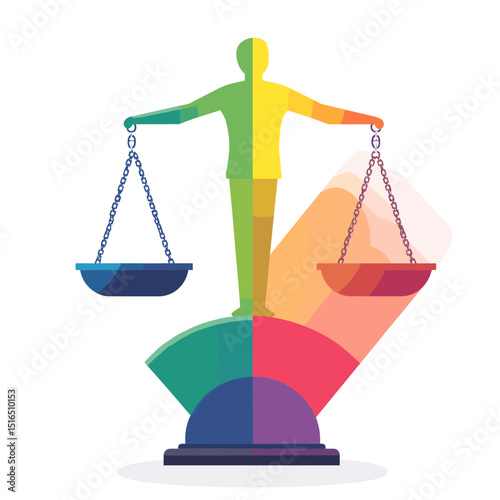 Colorful Abstract Justice Concept with Balanced Scales and Human Figure on White Background in Flat Graphic Style for Legal Theme