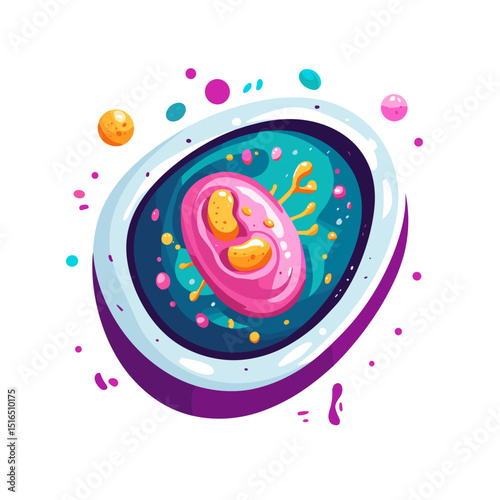 Colorful Cartoon Cell Illustration with Aqua and Pink Tones on White Background for Science and Medical Educational Purposes