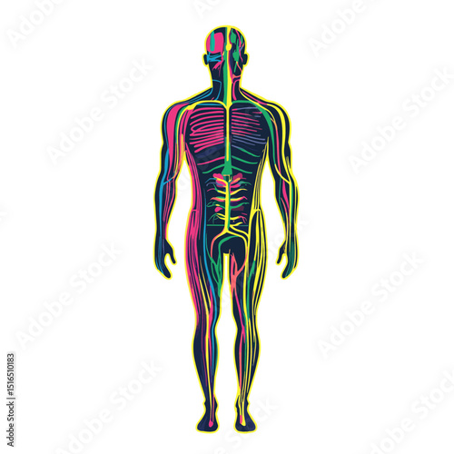 Colorful Human Anatomy Illustration Depicting the Nervous System on White Background with Vibrant Pink Teal and Yellow Accents