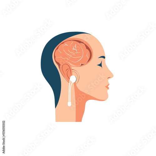 Conceptual Illustration of a Woman's Profile with Visible Brain Structure Wearing White Earphones on a White Background for Visualizing Inner Thought