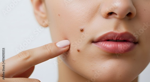 Close-Up of Facial Mole on Woman's Skin – Birthmark or Nevus Highlight, mole on woman face. Birthmark or nevus.